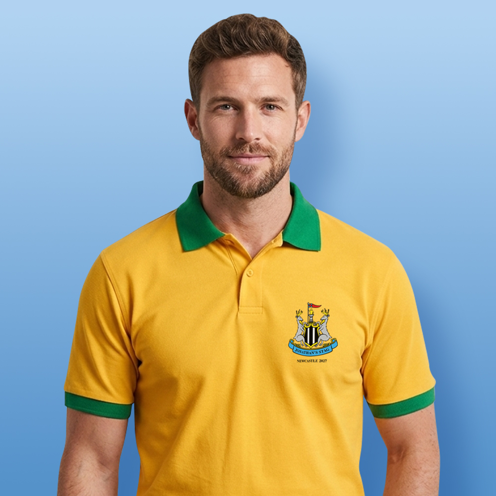 A male model wearing a custom Newcastle United themed football stag do t shirt with a toon style crest that has custom text reading Jonathon's Stag, Newcastle 2027