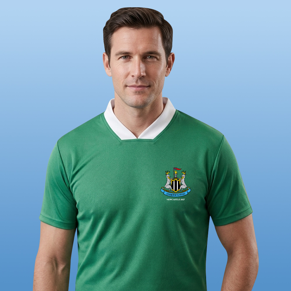 A male model wearing a custom Newcastle United themed football stag do t shirt with a toon style crest that has custom text reading Andrew's Stag, Newcastle 2027
