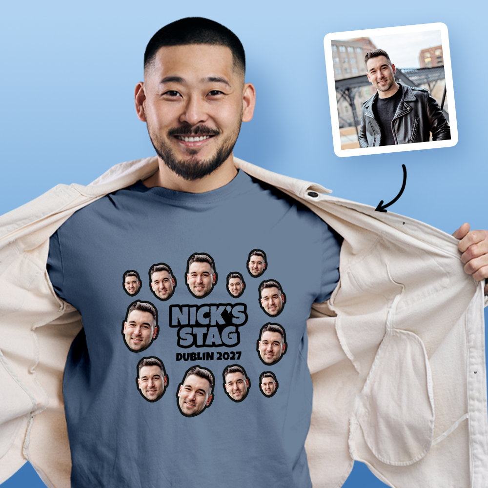 Stag Do Photo T-shirt – Photo, Text, Location on Pink T-shirt