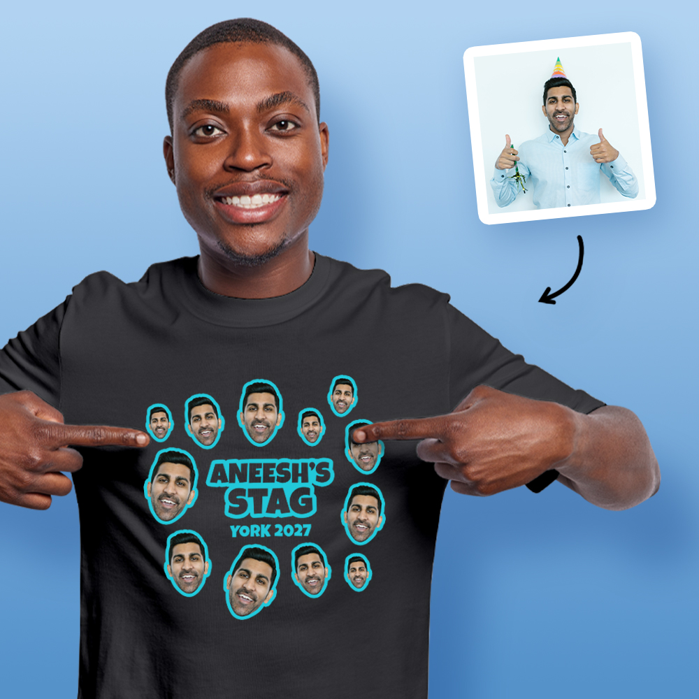 Stag Do Photo T-shirt – Photo, Text, Location on Pink T-shirt