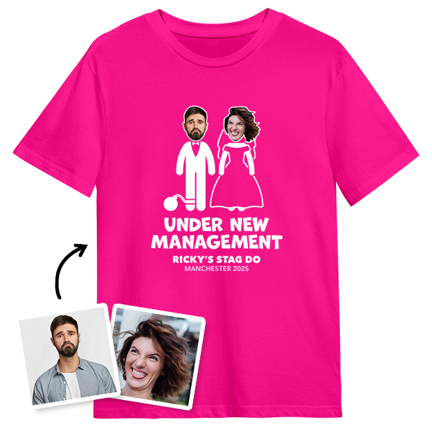 Under New Management Stag Do Photo T-shirt on Pink T-shirt
