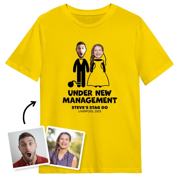 Under New Management Stag Do Photo T-shirt on Yellow T-shirt
