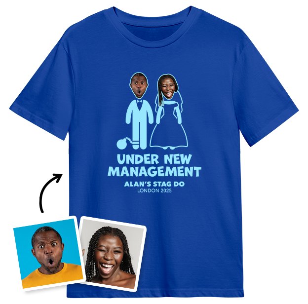 Under New Management Stag Do Photo T-shirt on Blue T-shirt