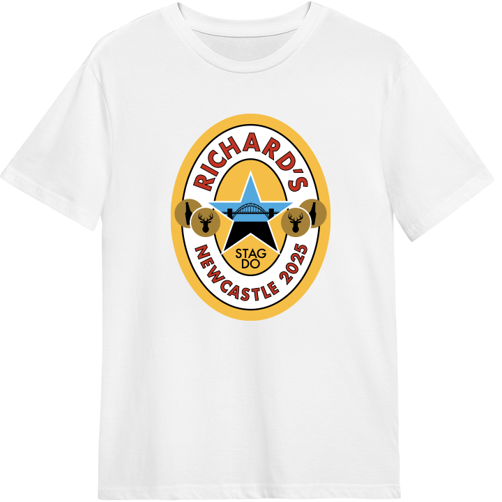 White stag do t-shirt with Newcastle Brown ale design. Logo altered to feature details of the stag do