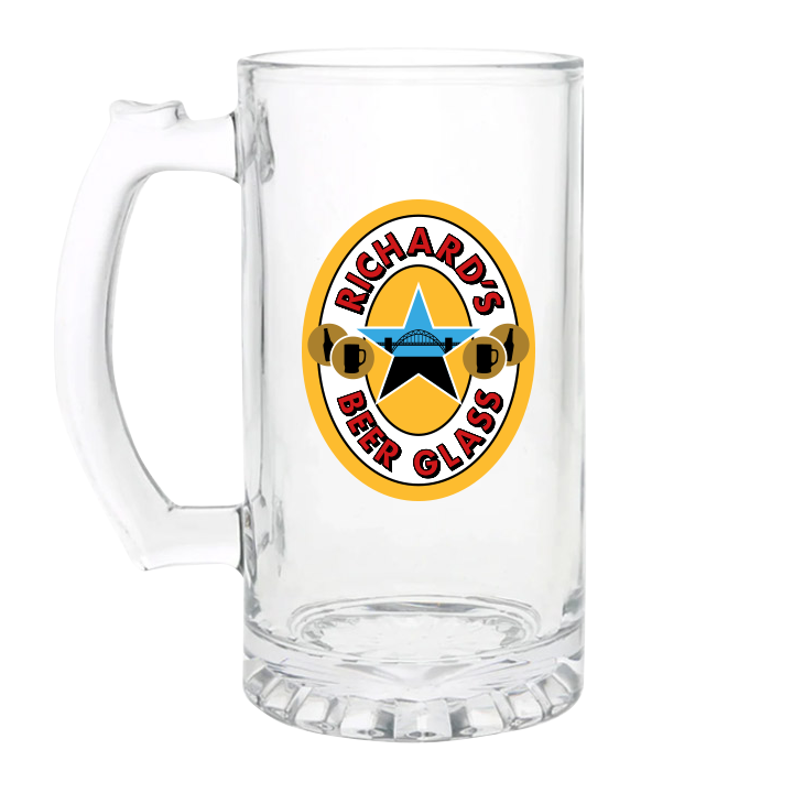 A custom brown ale themed stein that has the custom text Richard's Beer Glass 