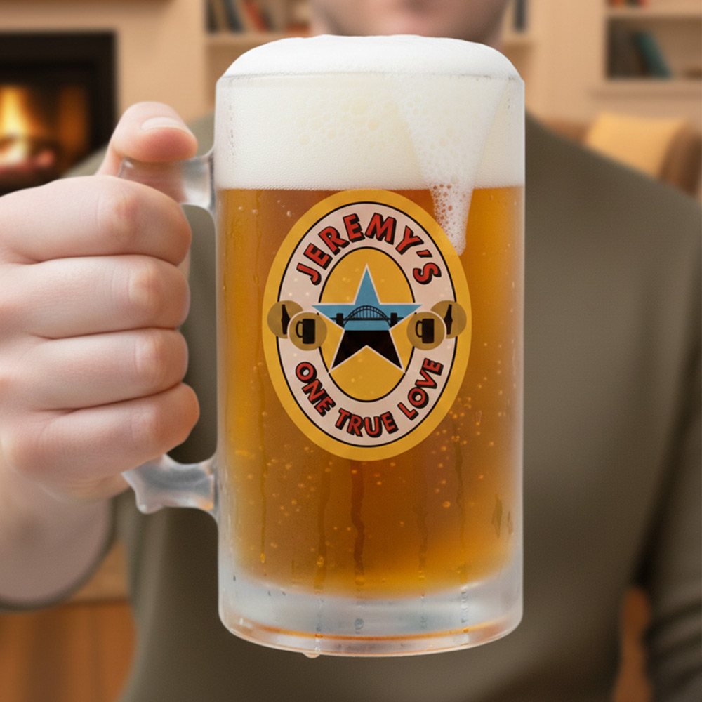 A custom brown ale themed stein that has the custom text Jeremy's One True Love that has a pub background