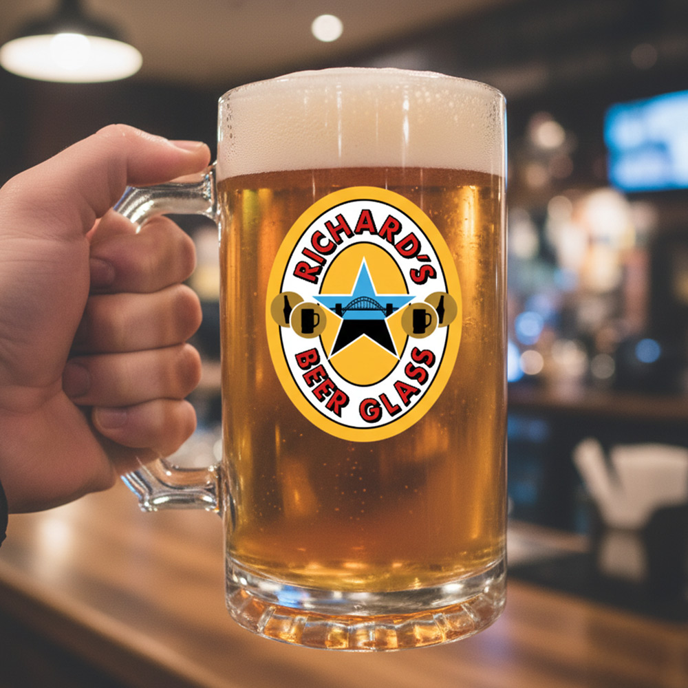 A custom brown ale themed stein that has the custom text Richard's Beer Glass that has a pub background 