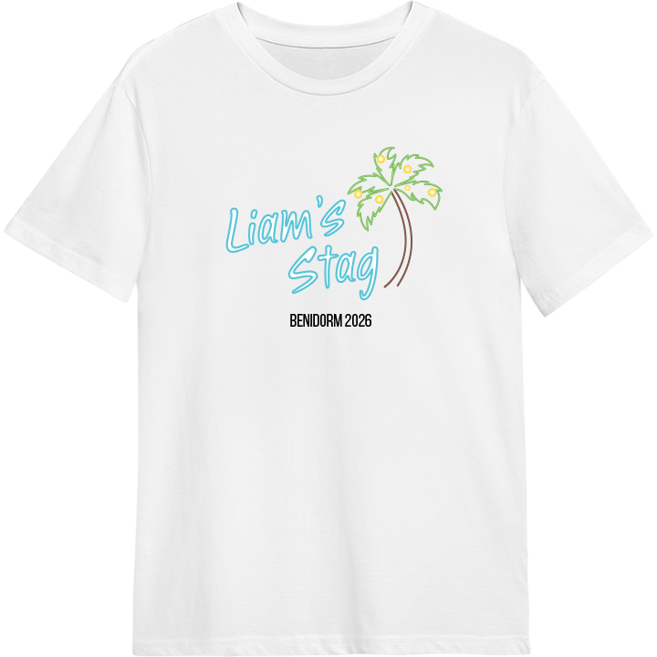 A Benidorm TV show inspired stag do t-shirt. White t-shirt with a neon Benidorm logo with the name of the stag group written in the neon style. 