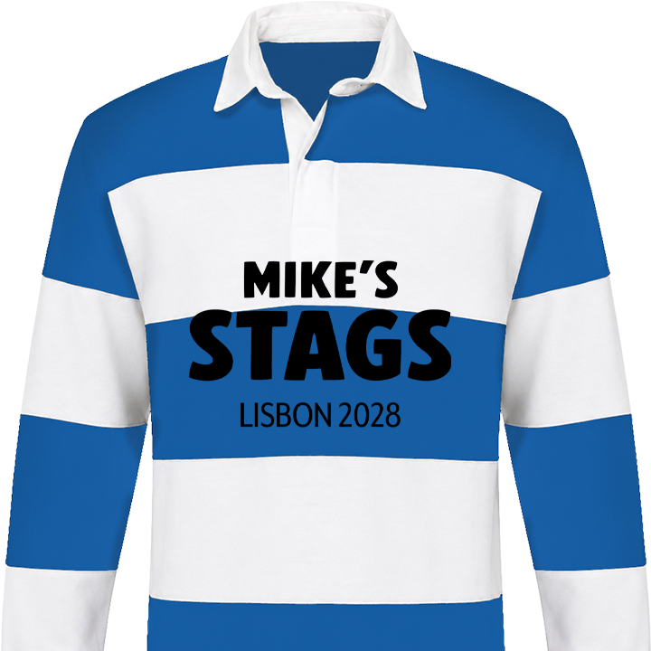 A blue and whgite striped custom stag do rugby shirt that has the custom text Mike's Stags Lisbon 2028 in eye-catching bold lettering 