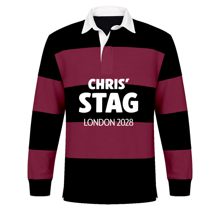 A blue and red panelled custom stag rugby shirt that has the custom text Chris' Stag London 2028 in eye-catching bold lettering 