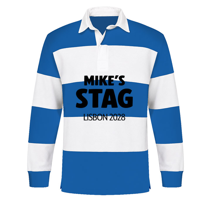 A blue and white panelled custom stag rugby shirt that has the custom text Mike's Stag Lisbon 2028 in eye-catching bold lettering
