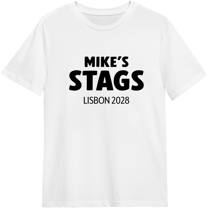 A custom stag do t-shirt that has the custom text Mike's Stags Lisbon 2028 in eye-catching bold lettering 