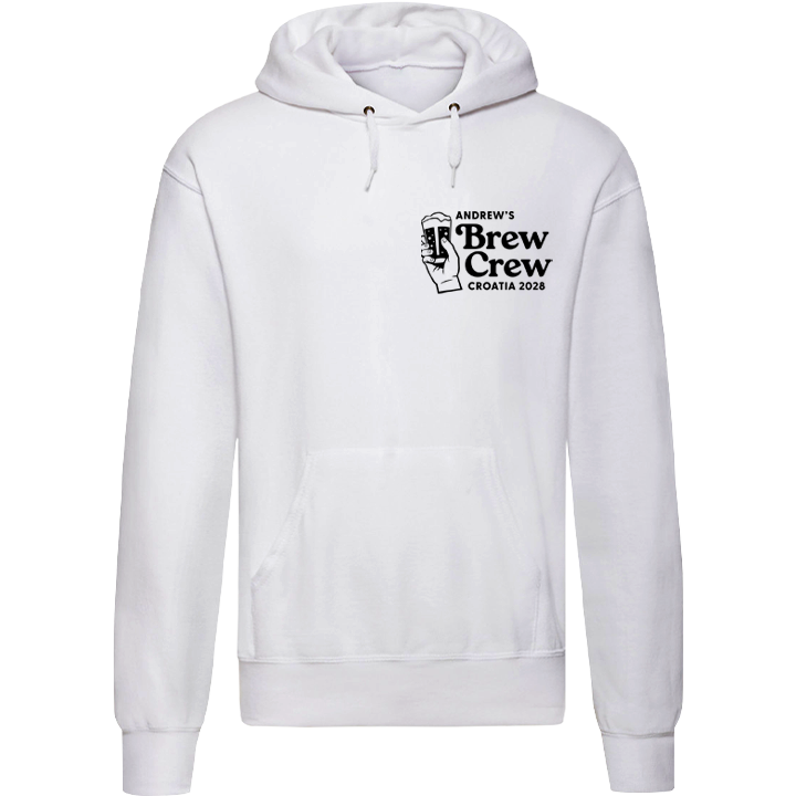 A custom white stag do hoodie that reads Andrew's Brew Crew Croatia 2028 with a graphic of a hand holding a pint 