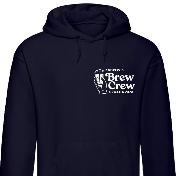 A custom navy stag do hoodie that reads Andrew's Brew Crew Croatia 2028 with a graphic of a hand holding a pint 