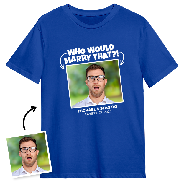 Stag Do Photo T-shirt – Photo, Text, Location on Blue T-shirt
