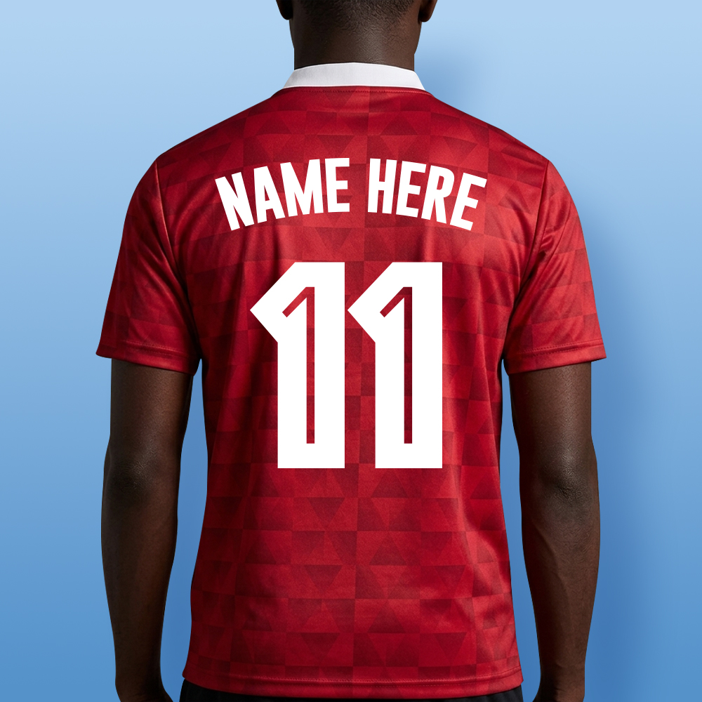 Back view of the modelled England retro football shirt showing editable name and number.