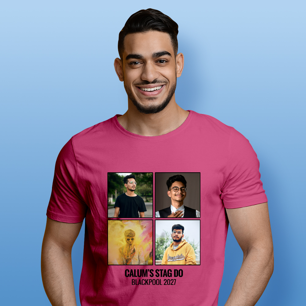 Stag Do Photo T-shirt – Photo, Text, Location on Black T-shirt