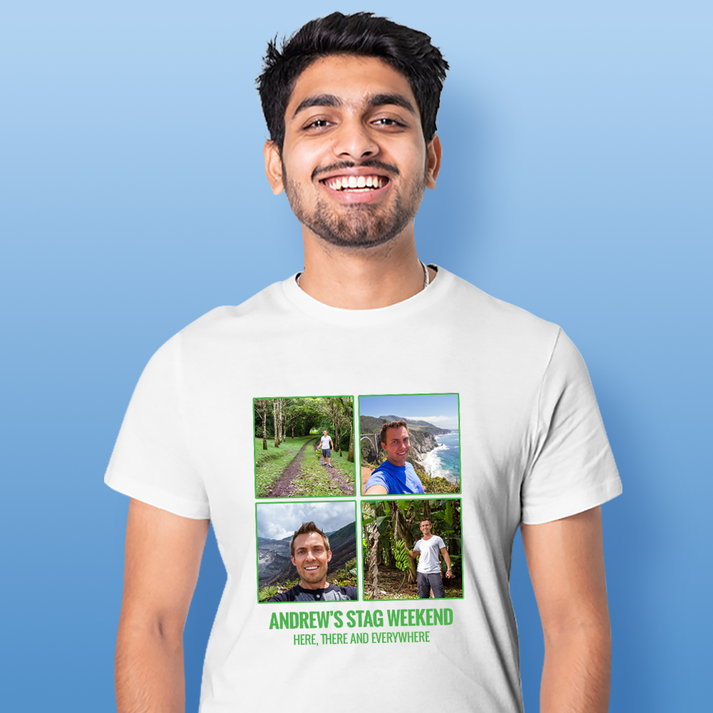Stag Do Photo T-shirt – Photo, Text, Location on Black T-shirt