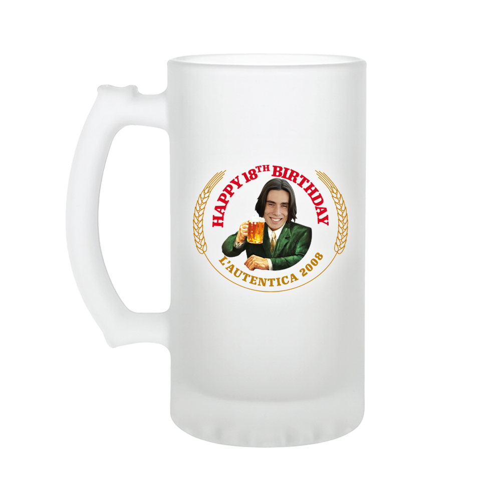 A custom Moretti-themed stein with frosted glass that has been personalised with a picture of a man inserted into the Moretti logo with the text Happy 18th Birthday L'Autentica 2008
