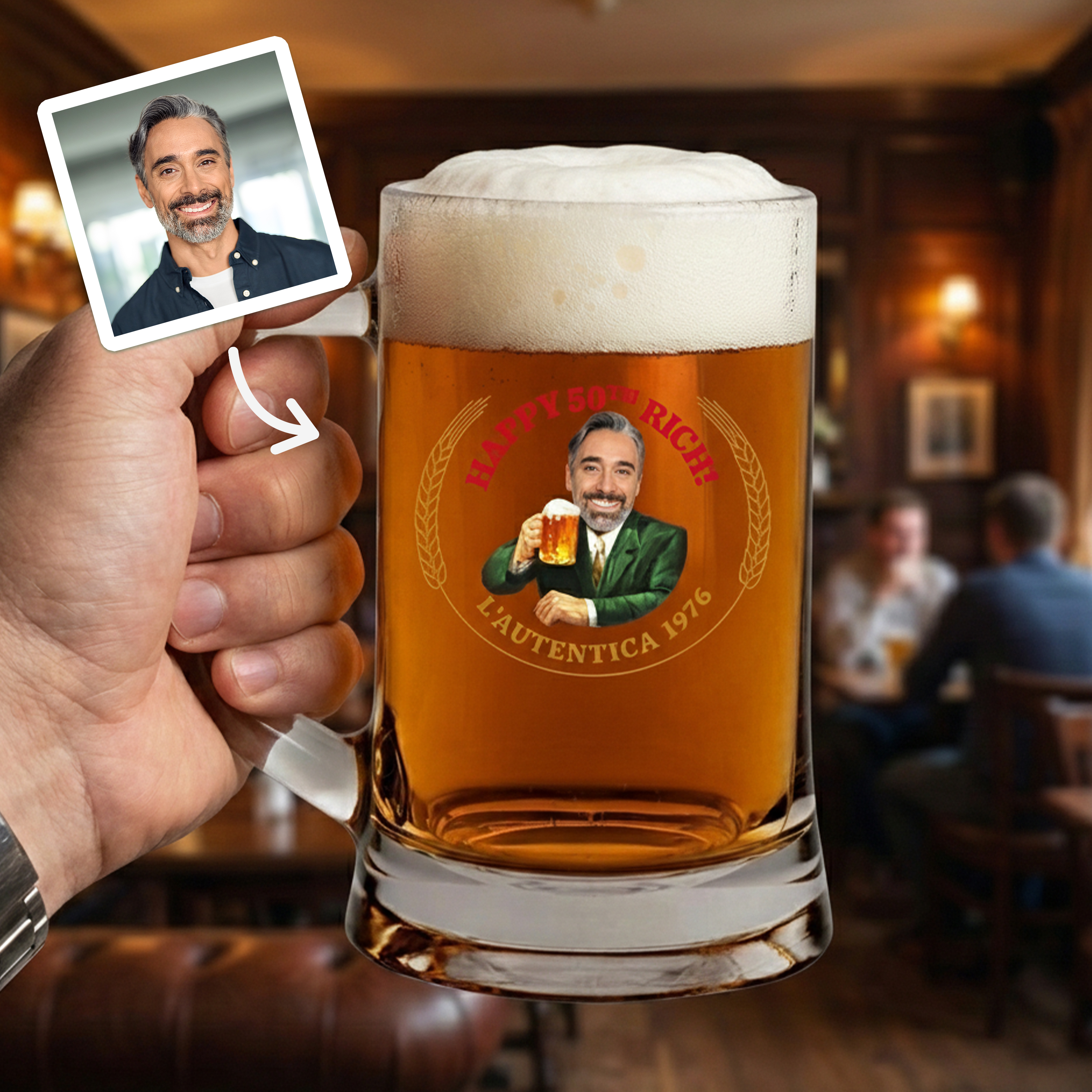 A custom Moretti-themed stein with frosted glass that has been personalised with a picture of a man inserted into the Moretti logo with the text Happy 50th Rich L'Autentica 1976 with a pub background