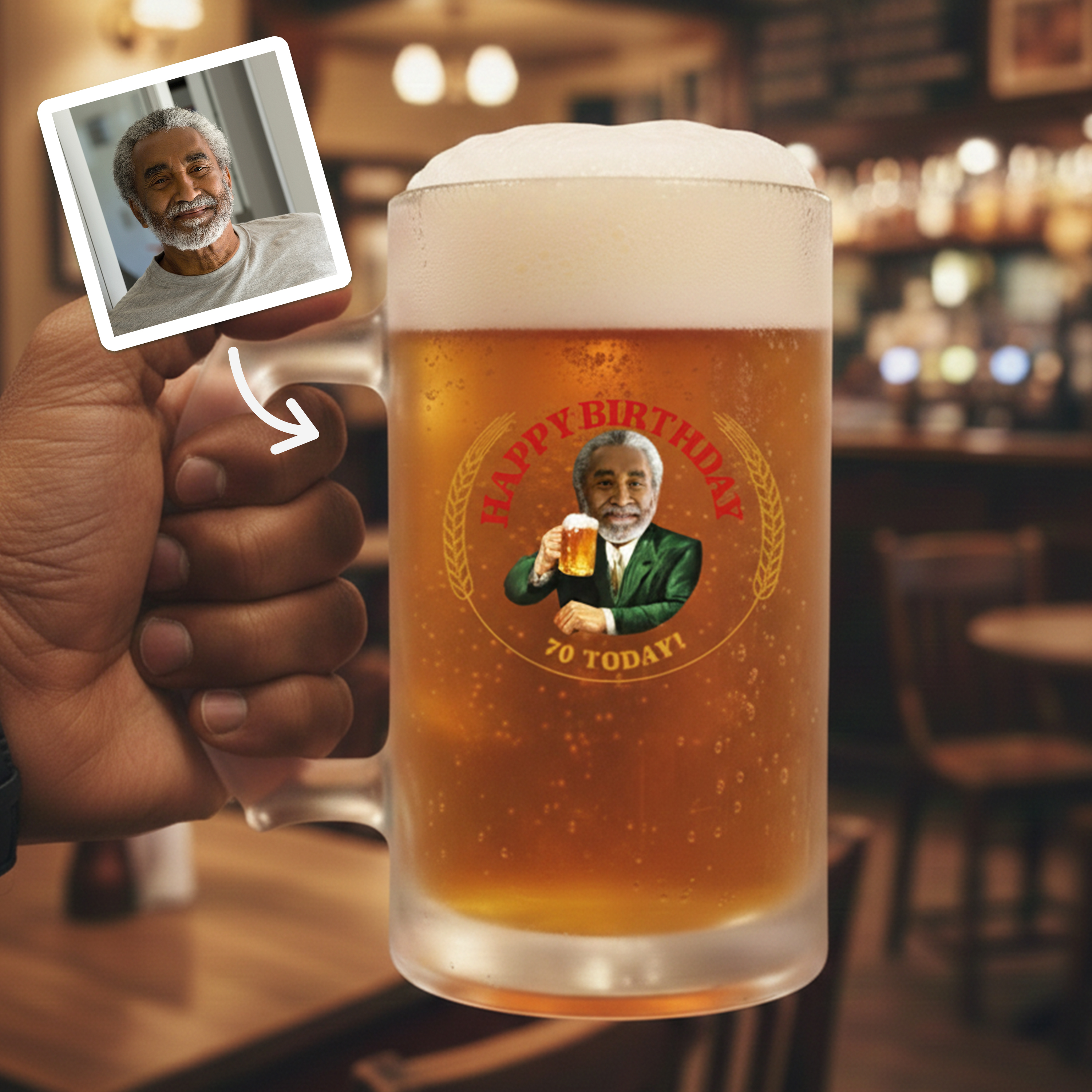 A custom Moretti-themed stein with frosted glass that has been personalised with a picture of a man inserted into the Moretti logo with the text Happy Birthday 70 Today with a pub background