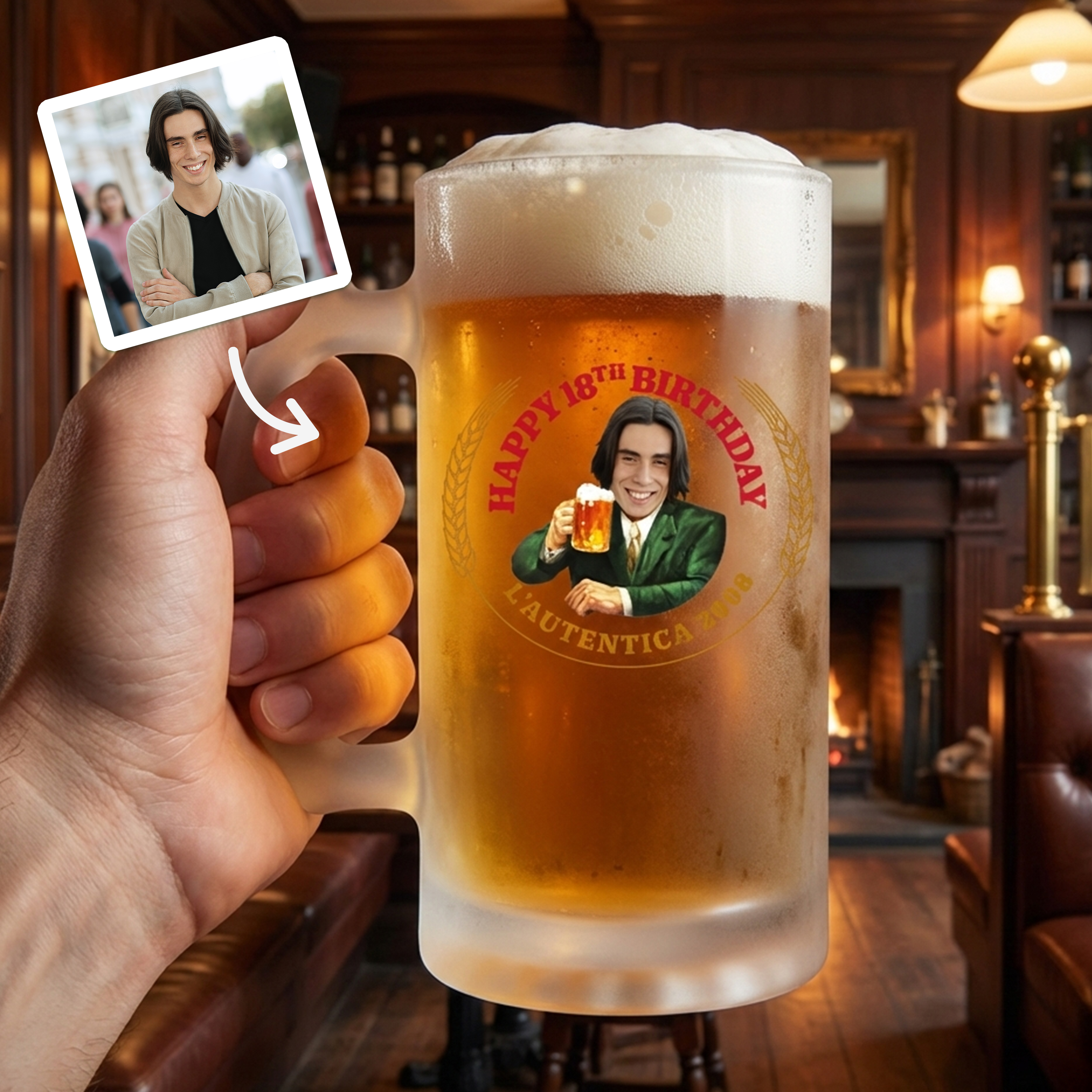 A custom Moretti-themed stein with frosted glass that has been personalised with a picture of a man inserted into the Moretti logo with the text Happy 18th Birthday L'Autentica 2008 with a pub background