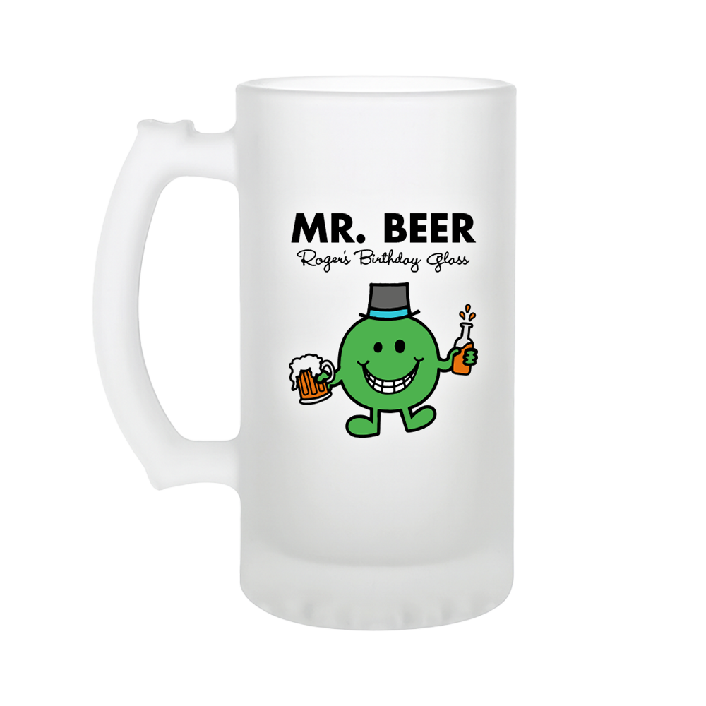 A custom Mr Man themed stein that has been personalised with the custom text Mr Beer Roger's Birthday Glass 