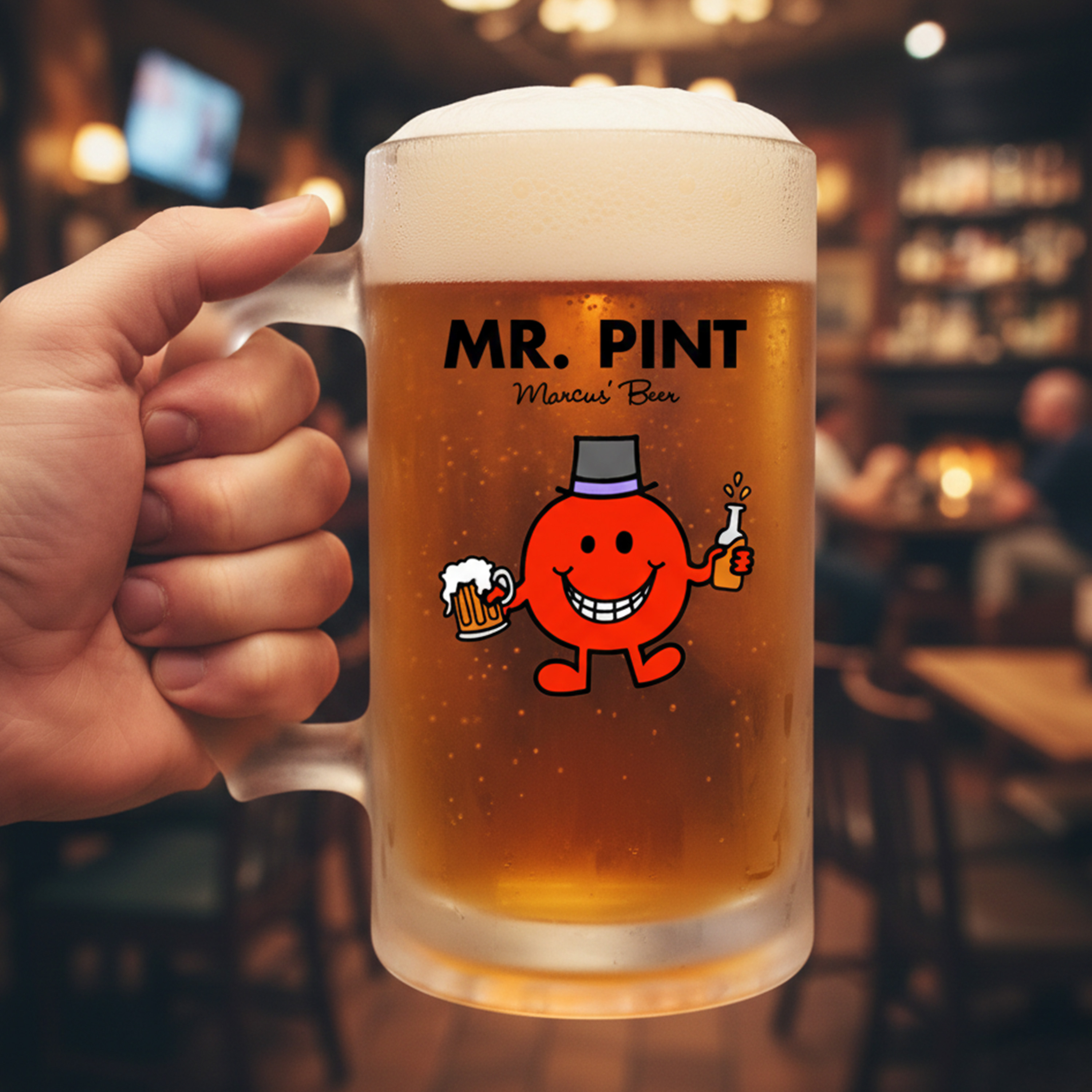 A custom Mr Man themed stein that has been personalised with the custom text Mr Pint Marcus' Beer with a pub background 