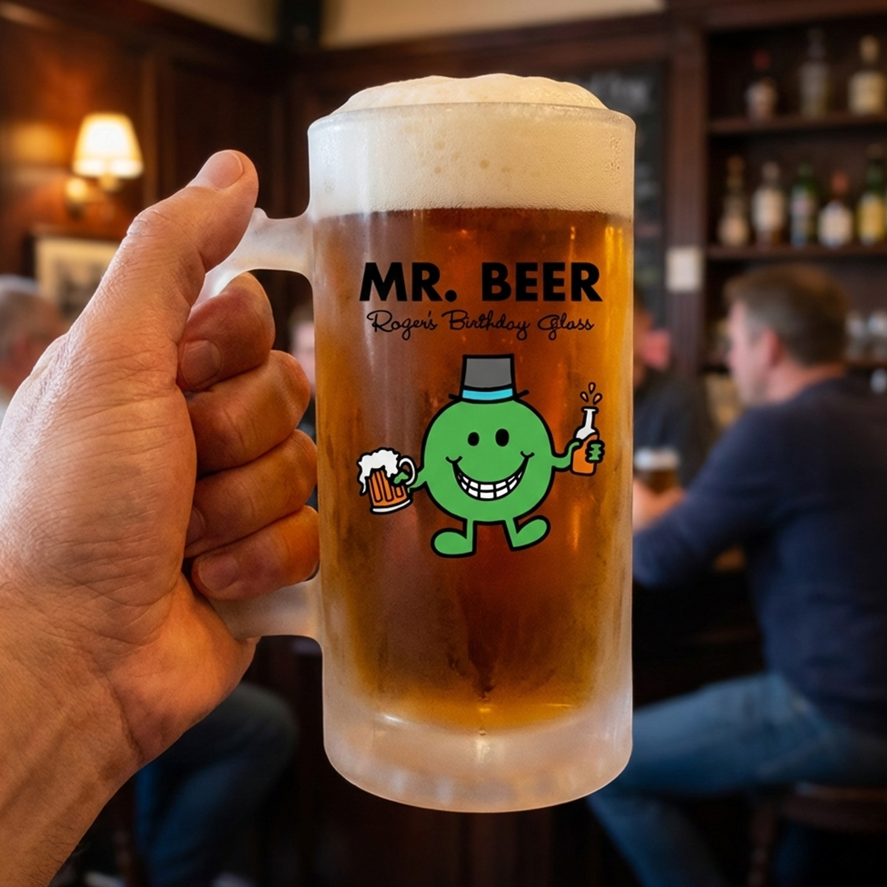 A custom Mr Man themed stein that has been personalised with the custom text Mr Beer Roger's Birthday Glass with a pub background