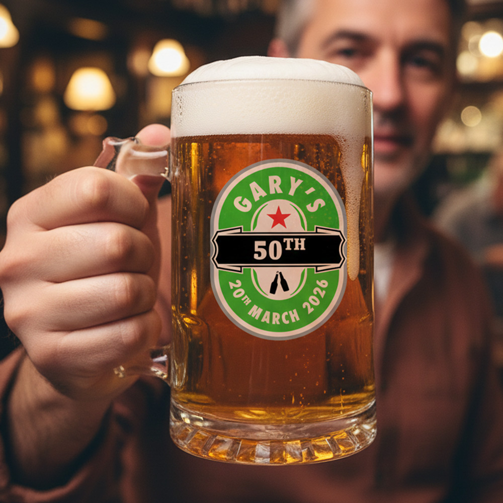 A man holding a custom Pilsner themed stein that has the custom text Gary's 50th 20th March 2026