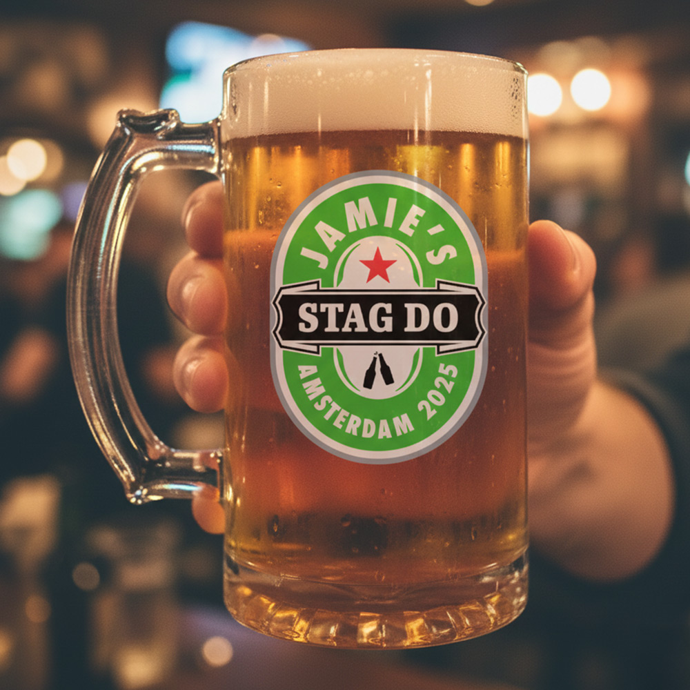 A man holding a custom Pilsner themed stein that has the custom text Jamie's Stag Do Amsterdam 2025