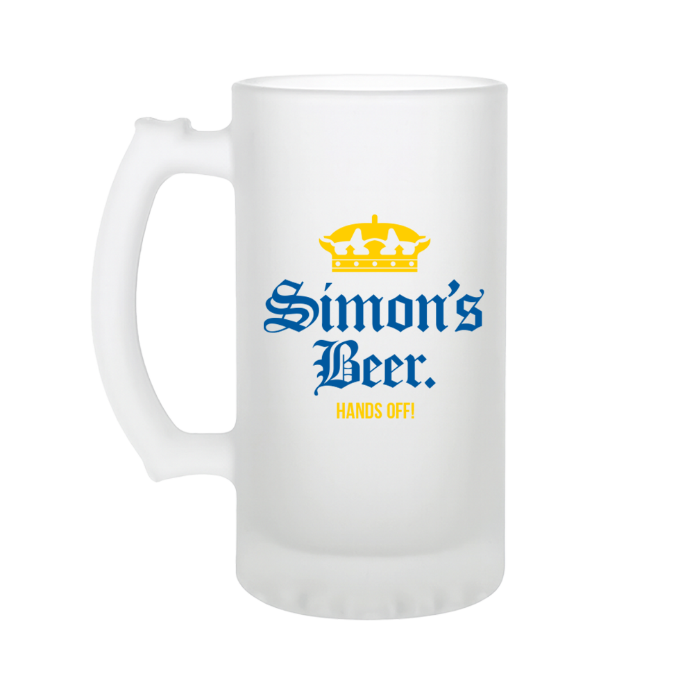 A custom Corona-themed stein that has been personalised with the custom text Simon's Beer Hands Off! 