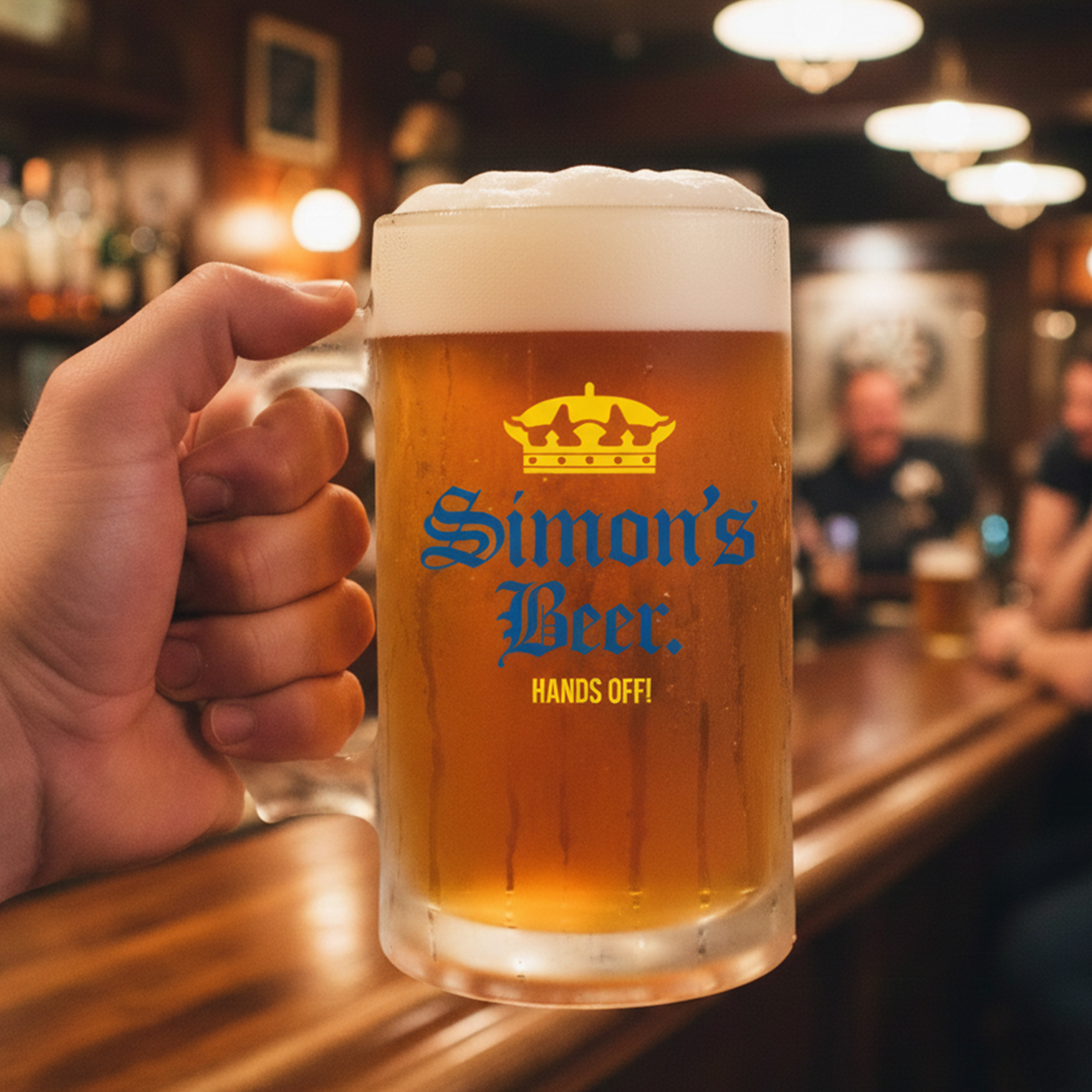 A custom Corona-themed stein that has been personalised with the custom text Simon's Beer Hands Off with a pub background