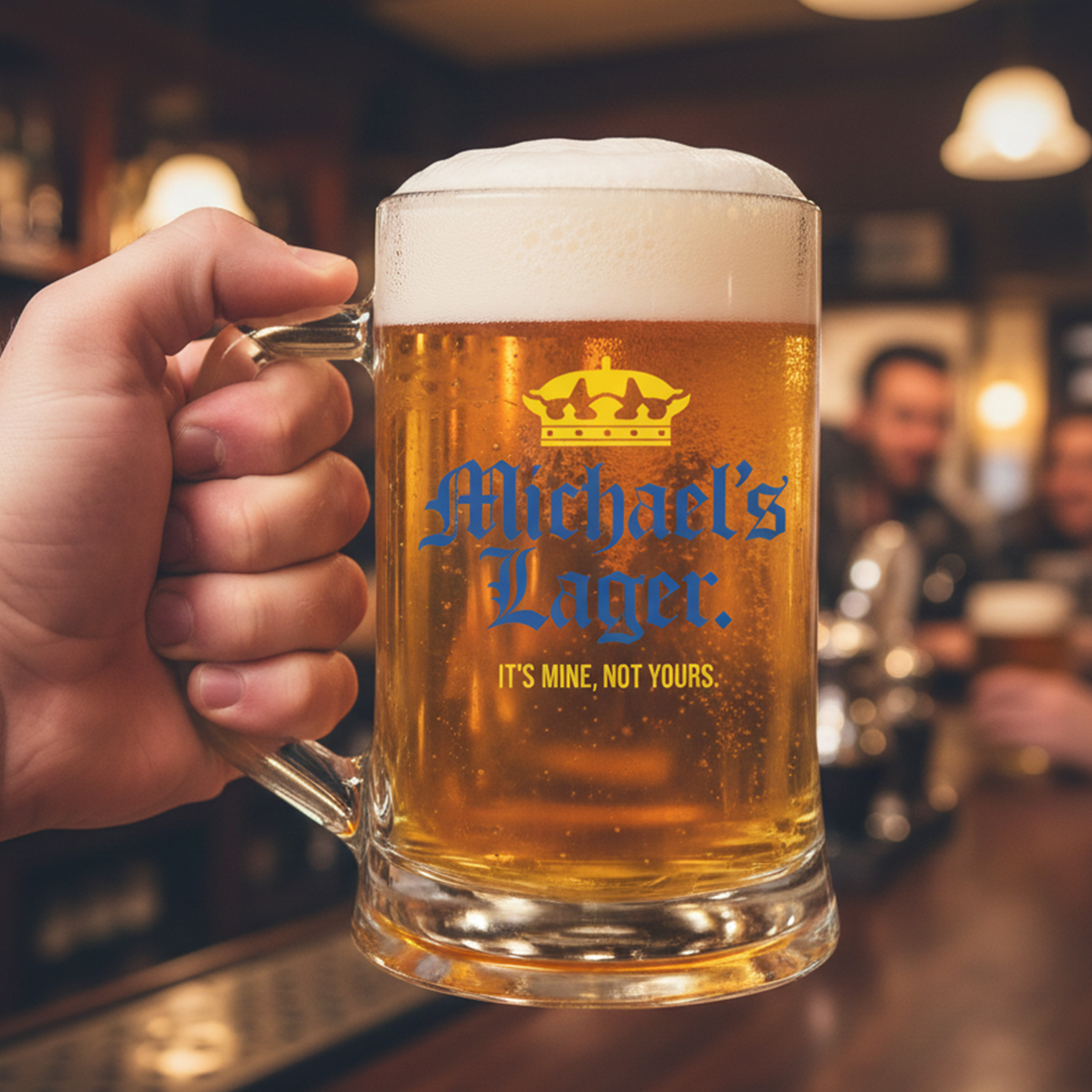 A custom Corona-themed stein that has been personalised with the custom text Michael's Lager with a pub background 