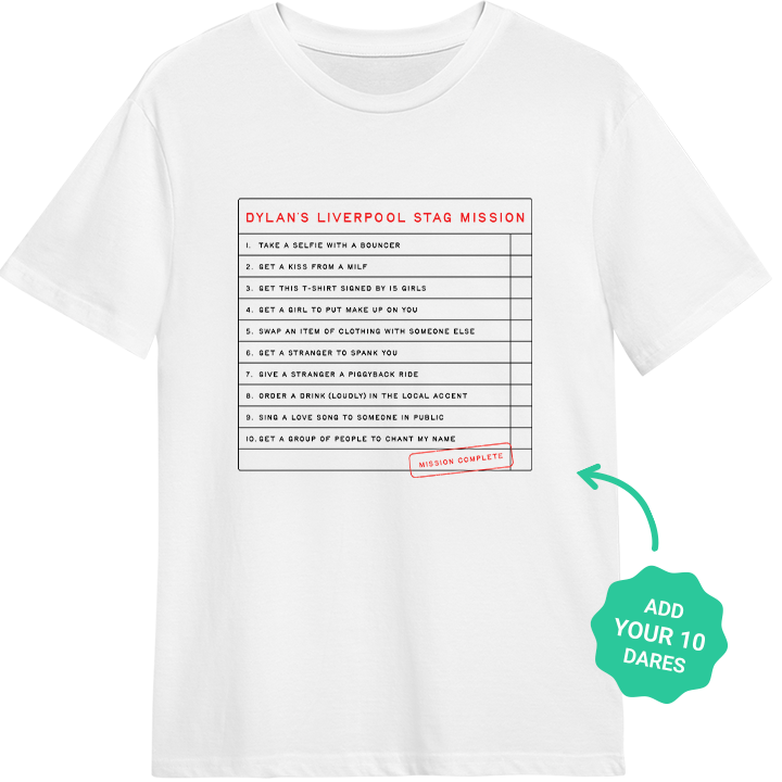 A white t-shirt with a tick list of 10 different dares for a stag do group