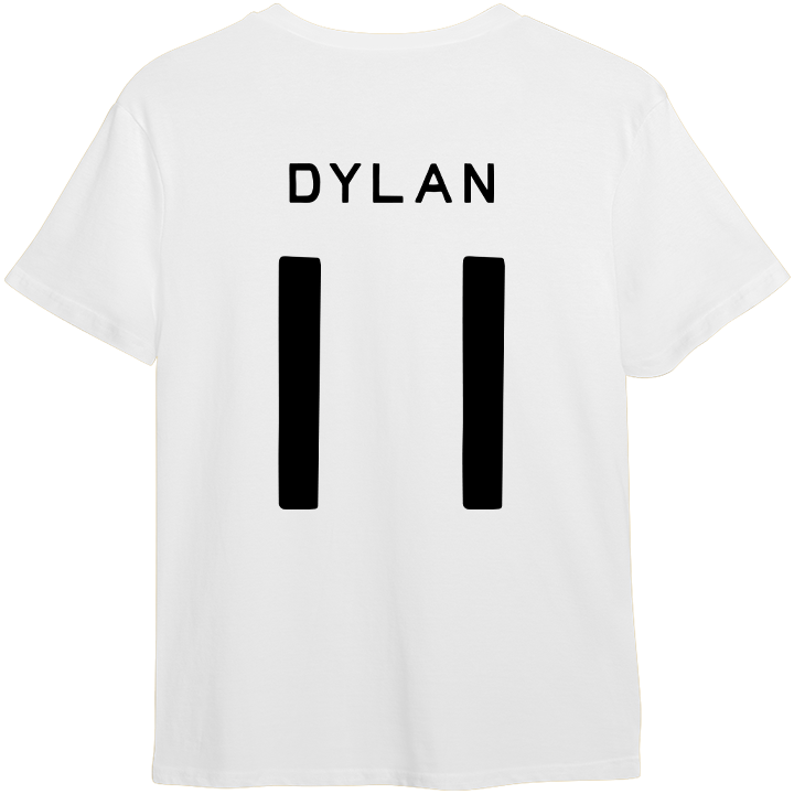 The back of a white t-shirt that has the name Dylan and the number 11 on it