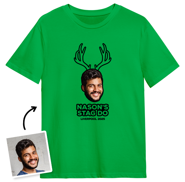 Stag Do Photo T-shirt – Photo, Text, Location on Pink T-shirt