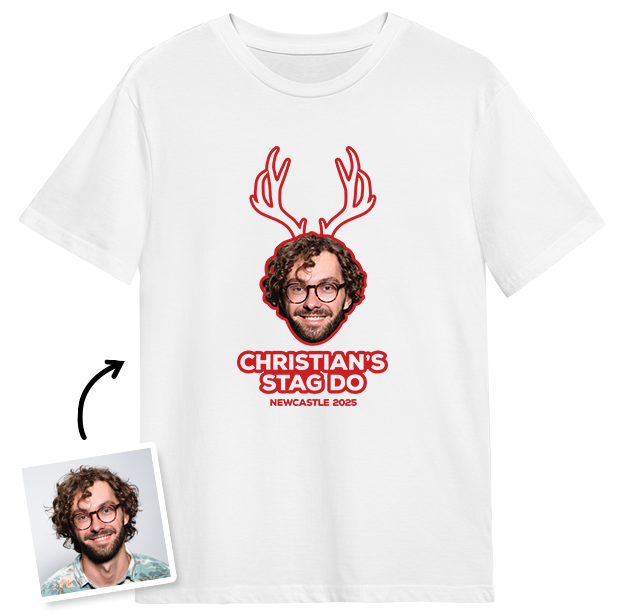 Stag Do Photo T-shirt – Photo, Text, Location on Yellow T-shirt