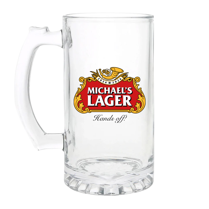 A custom stella themed stein that has the custom text Michael's Lager Hands off 