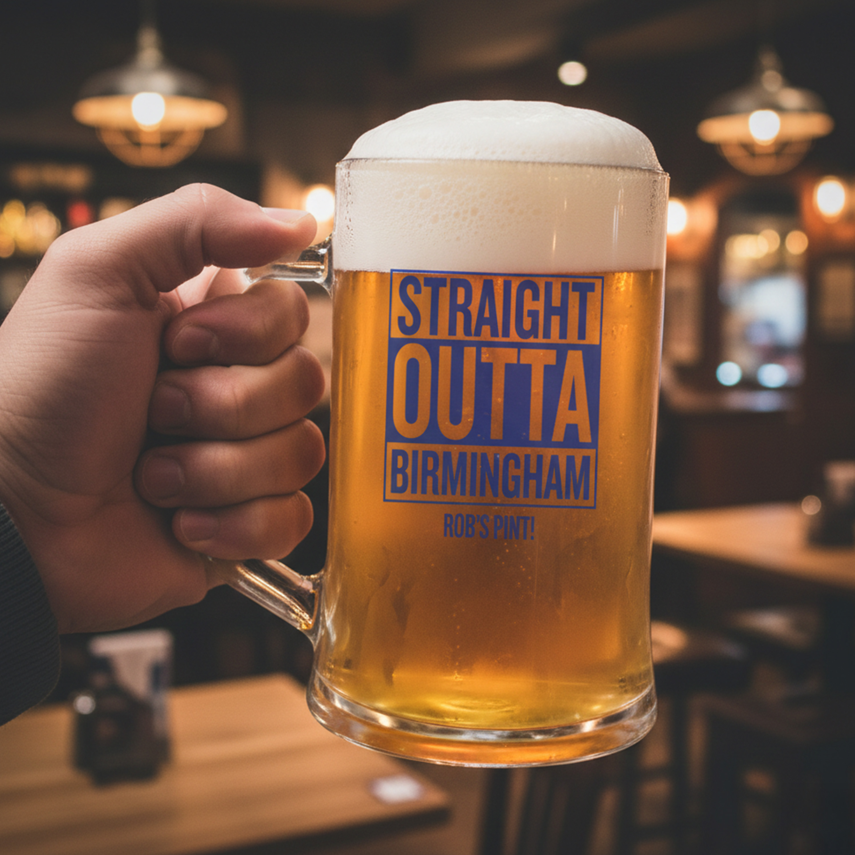 A custom Straight Outta Compton themed stein with clear glass which reads Straight Outta Birmingham Rob's Pint with a pub background