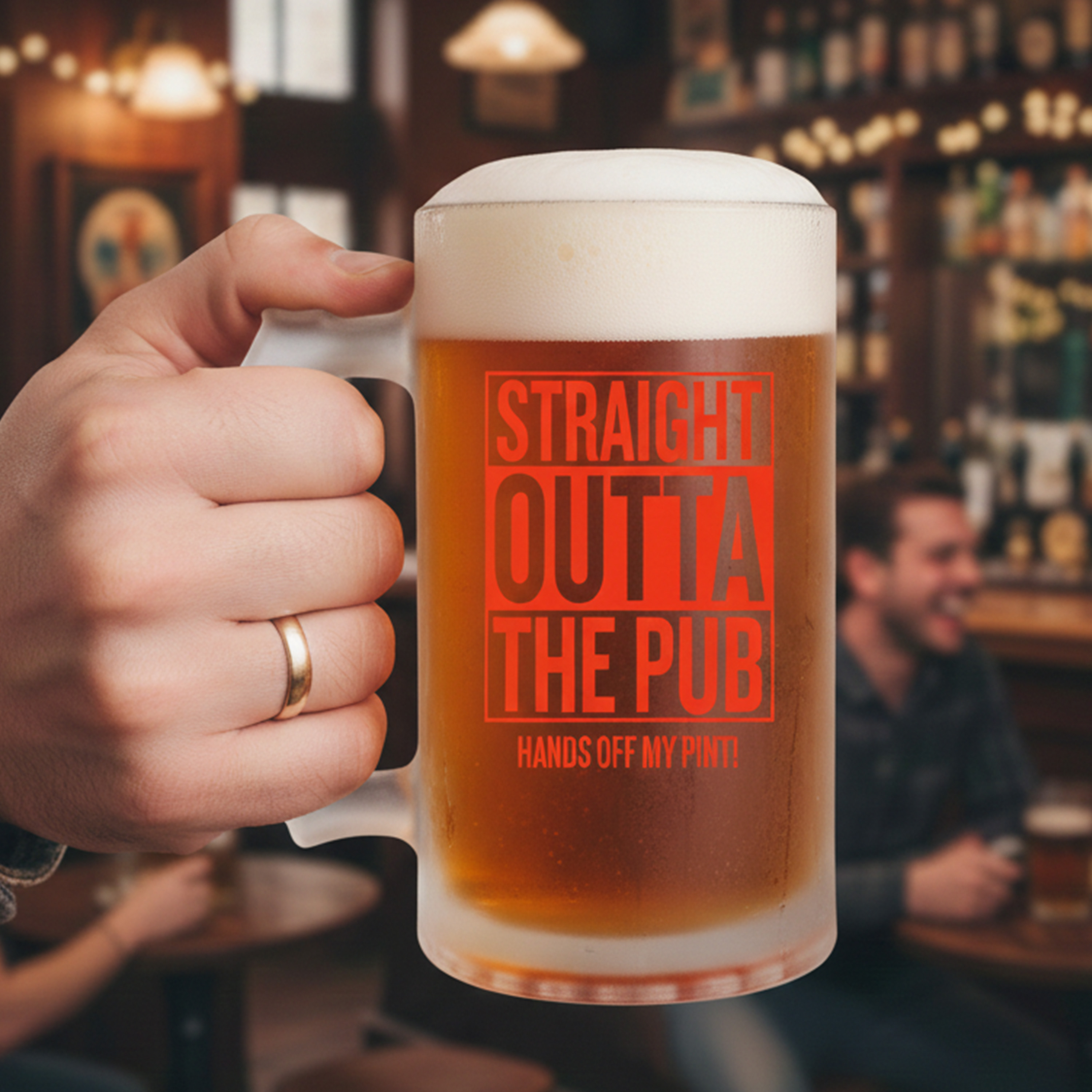 A custom Straight Outta Compton themed stein with frosted glass which reads Straight Outta The Pub Hands Off My Pint with a pub background