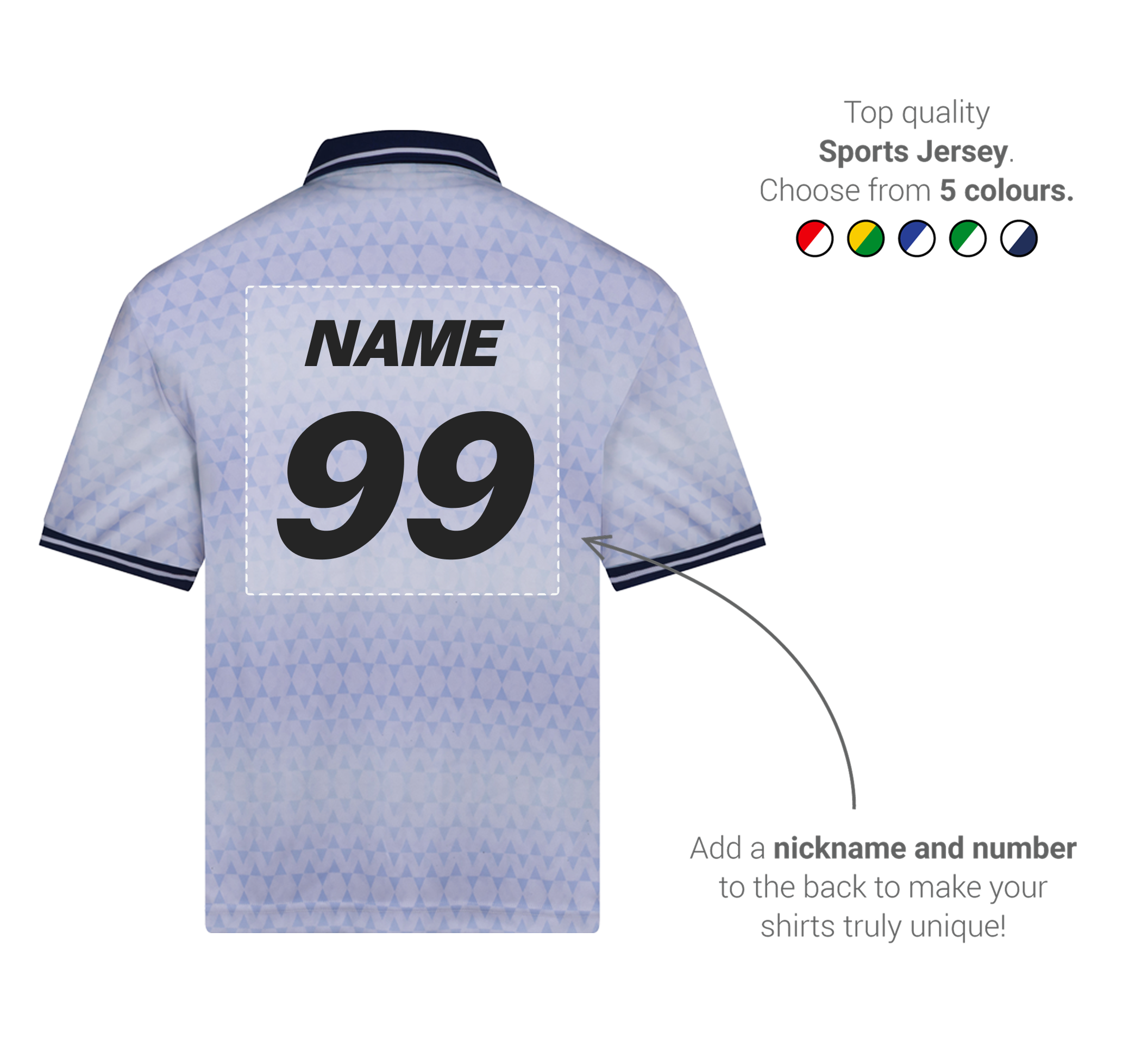 About our retro football tops - back view - name and number on back, available in 5 colours