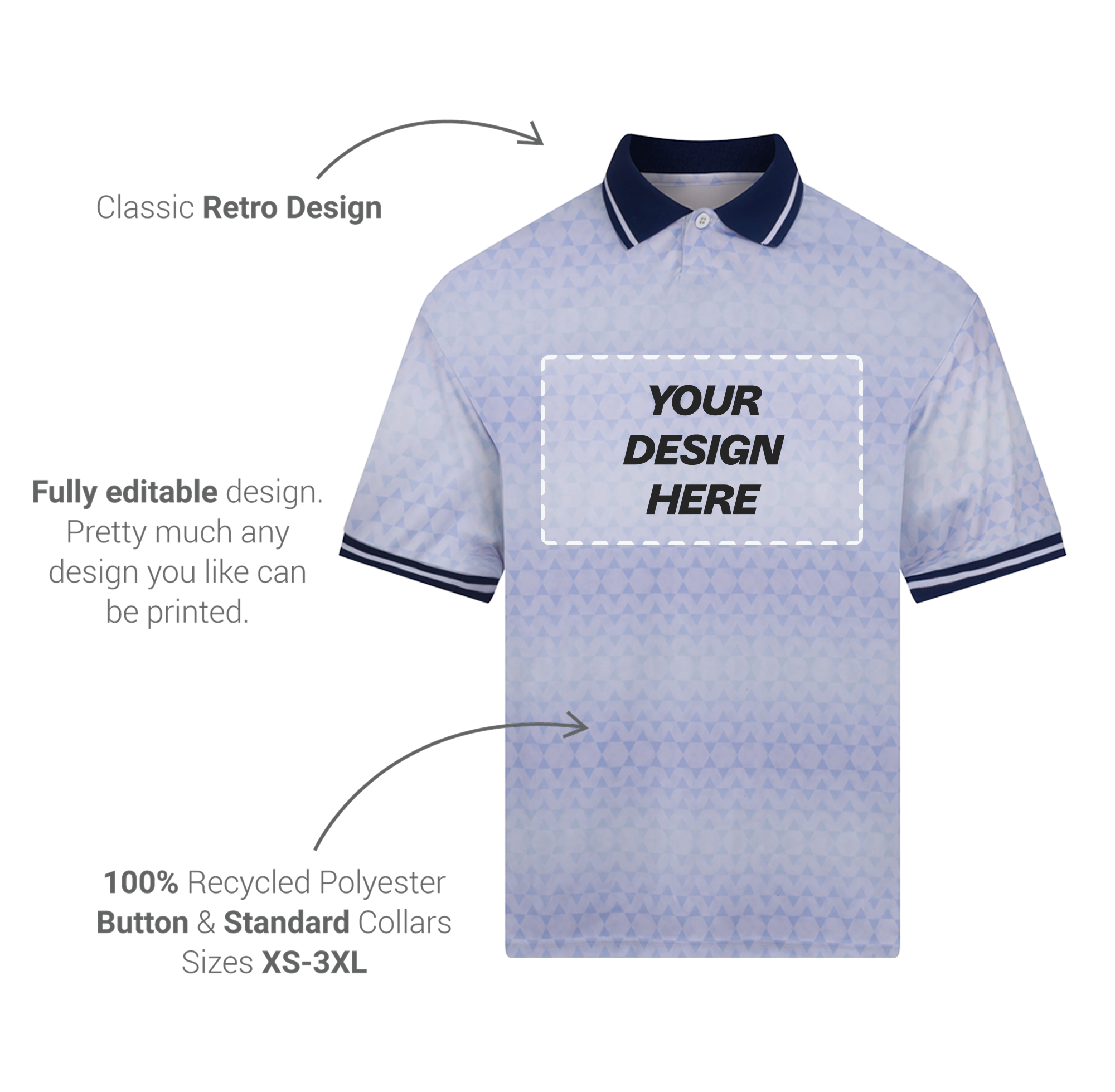 About our retro football tops - front view - classic retro design, fully editable design, 1005 polyester, sizes XS-3XL