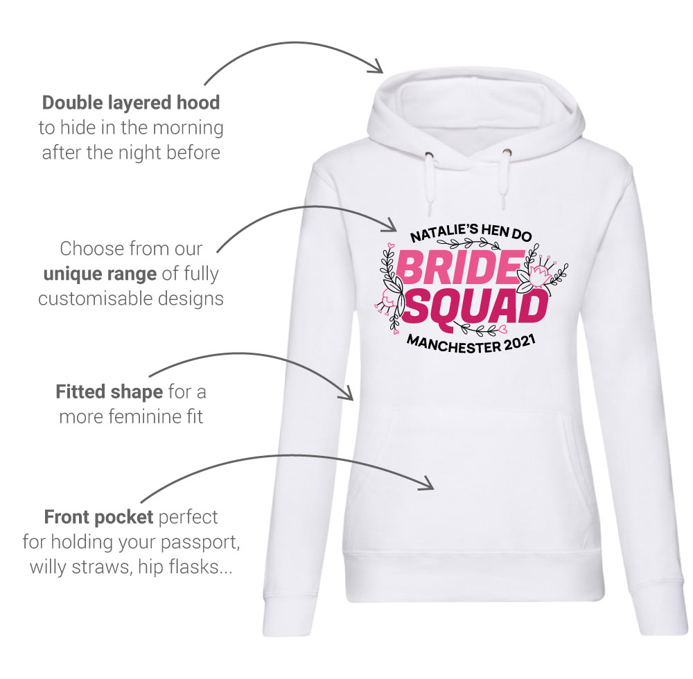 LNOF's hen do hoodie features – front view - hood, front-print design and pocket