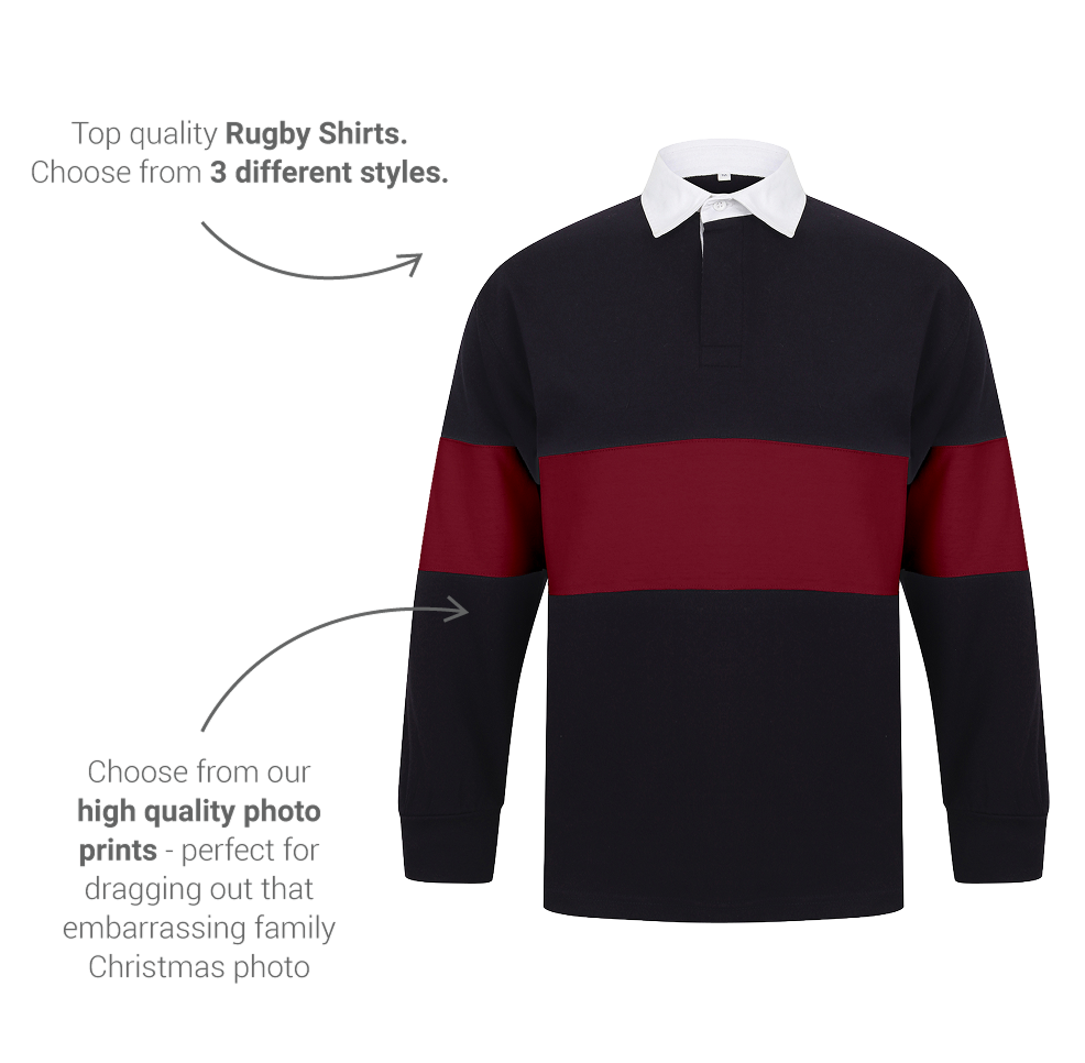 A black and red rugby shirt that has been annotated with that it is top quality and you can choose from 3 different styles 