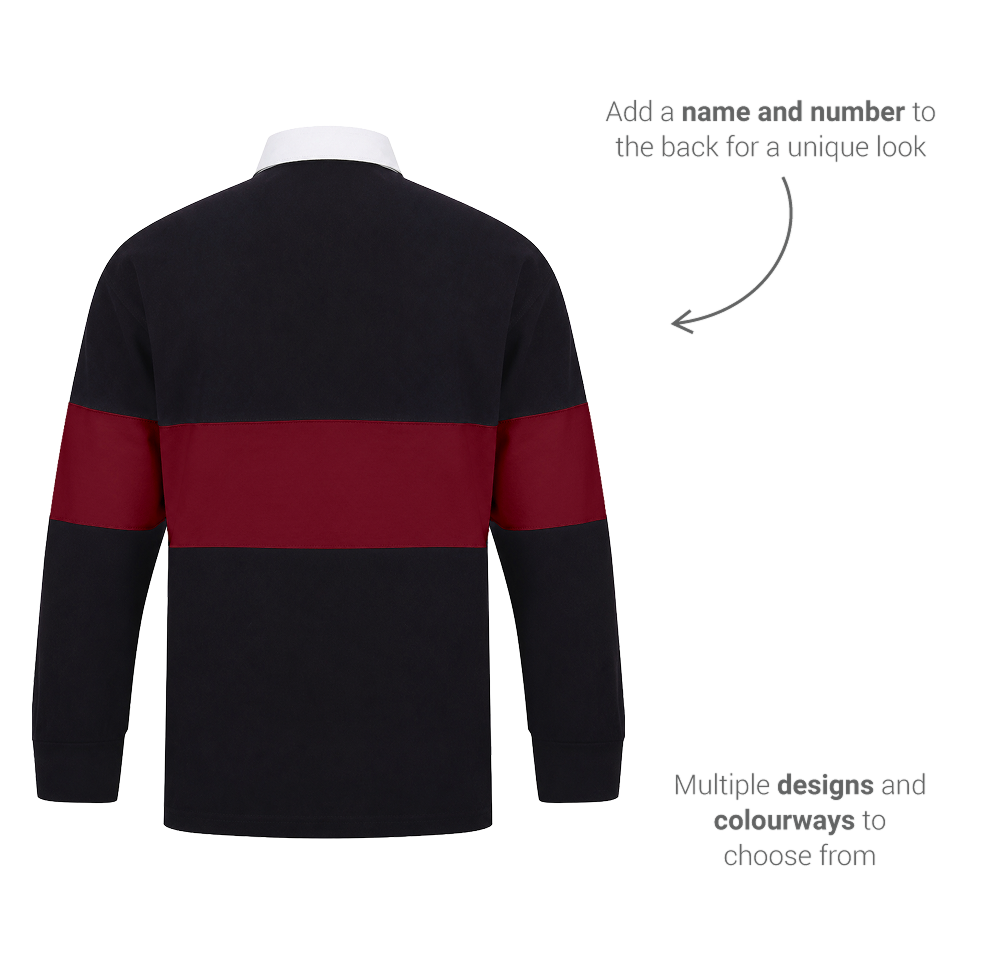 The back of a black and red rugby shirt that has been annotated with add a name and number to the back for a unique look 