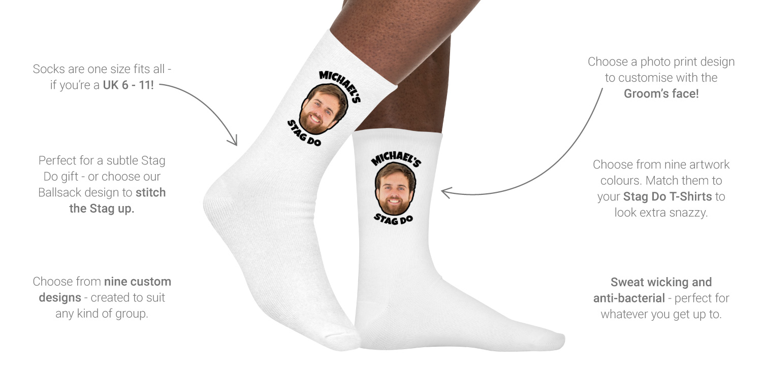 LNOF's personalised Stag Do socks on a white background surrounded by facts about the product