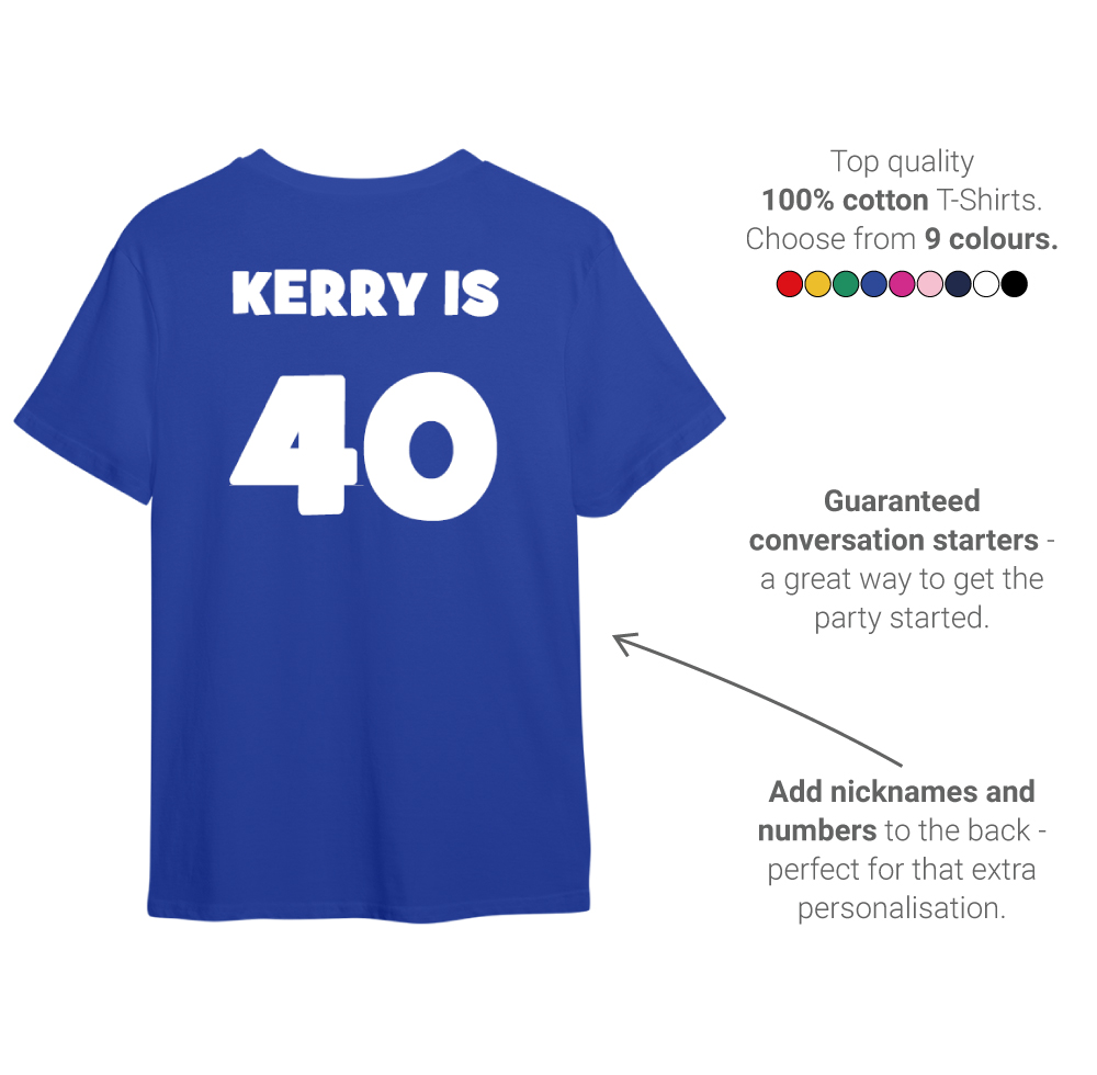 LNOF's personalised birthday t-shirt features back view - add names and numbers