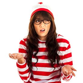 A girl wearing a Where's Wally? Fancy dress costume, looking confused