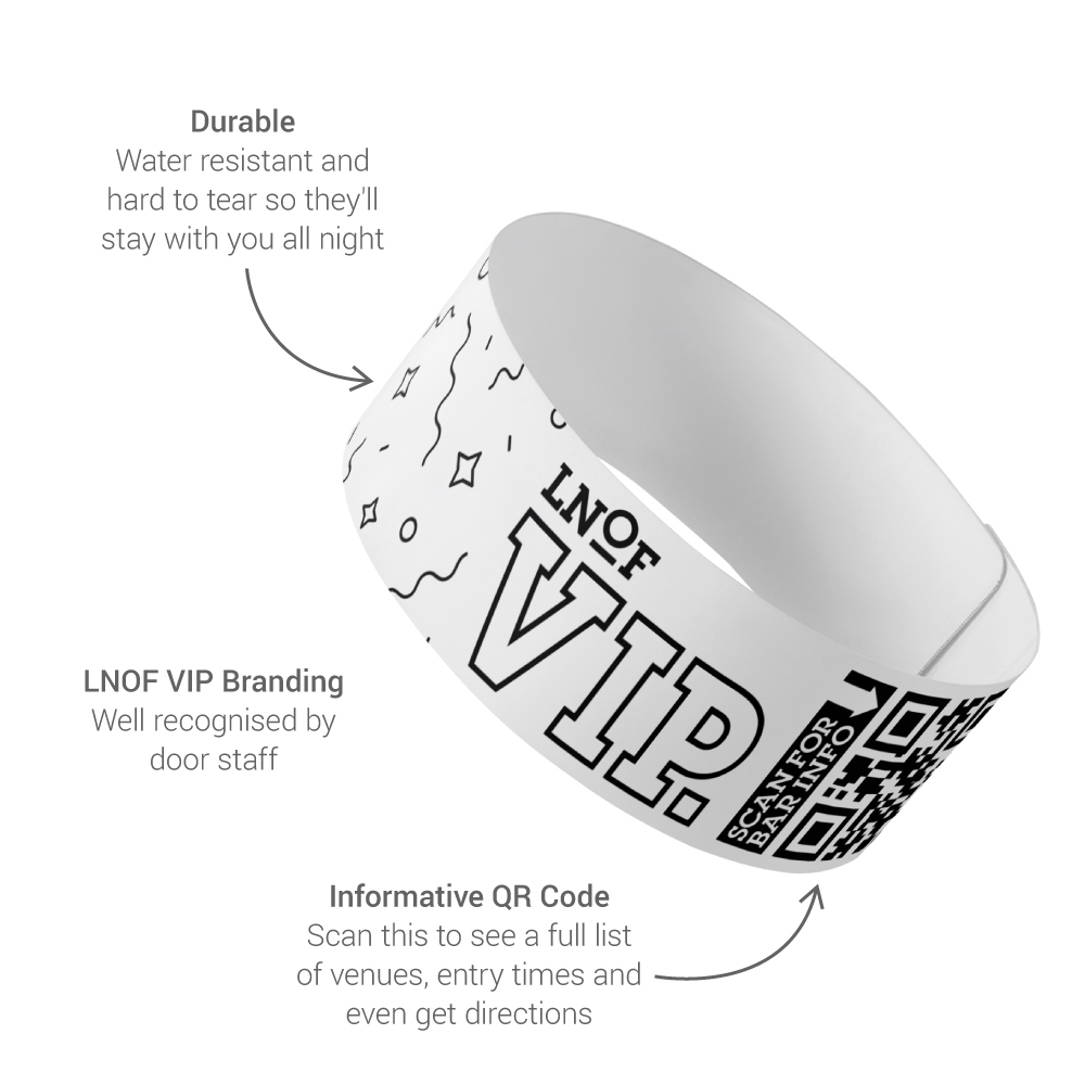 An LNOF wristband with text pointing to it reading Durable, LNOF branding and Informative QR code.
